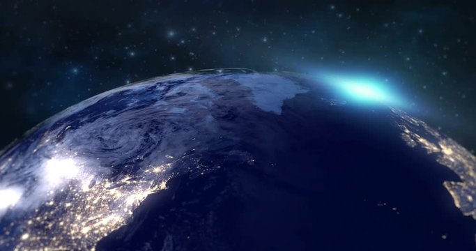 blue planet earth from space showing europe continent at night, globe world with blue glow edge and sun light sunrise on space in a star field background, some elements of this image furnished by NASA