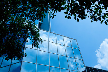 highrise reflected in windows of modern office building..