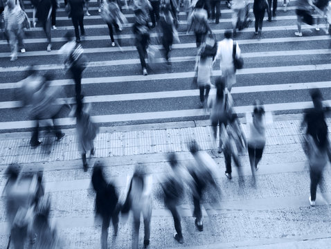 Busy City People On Zebra Crossing Street In Hong Kong, China.