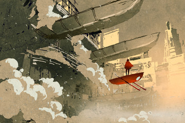Fototapeta premium sci-fi scene of the man on with the flying vehicle floating in futuristic city,illustration painting