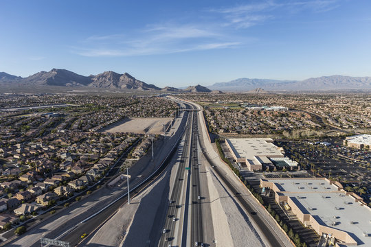 Aerial view of the 215 freeway in the Summerlin area of Las Vegas, Nevada.