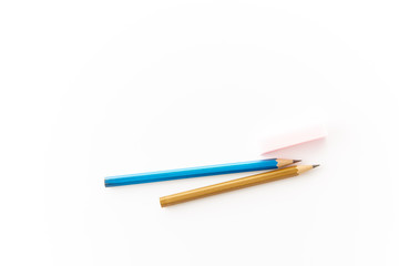 School and office supplies. Pencils on white background with copy space.