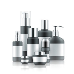 Vector illustration with set of realistic package for cosmetic product. Blank templates of jar, tube, bottles and deodorant. Mock-up of empty black and silver plastic containers on white