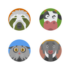 Cute animals emotions icons isolated fun set face happy character emoji comic adorable pet and expression smile collection wild avatar vector illustration.