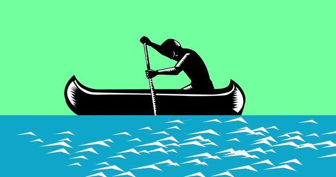 Athlete Paddling Canoe Up River 2D Animation