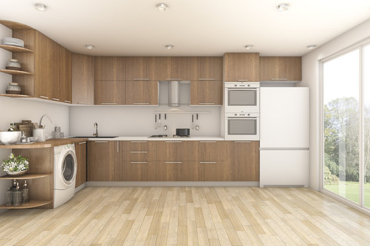 3d rendering wood laundry and kitchen