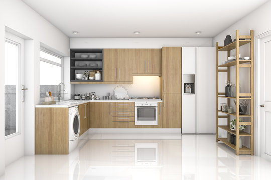 3d rendering wood modern laundry room and kitchen