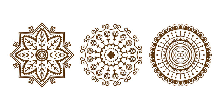 Henna tattoo brown mehndi flower template doodle ornamental lace decorative element and indian design pattern paisley arabesque mhendi embellishment vector.