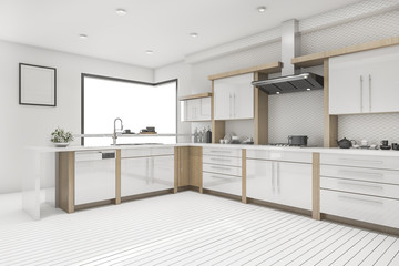 3d rendering white scandinavian kitchen and dining room