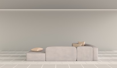 The cozy living room is furnished with furniture color of warm. Sample of furniture like pillows, sofa. Floor decorate with tile 2 color. 3d render.