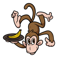 Cartoon Monkey Holding a Plate of Banana Vector Illustration