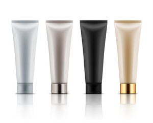 Realistic plastic tubes for cosmetic products. Vector set of blank template containers for: gel of skincare, hand care cream, bb, face mask or foundation. White, black, beige, grey and golden colors