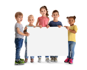 Cute little children with poster on white background