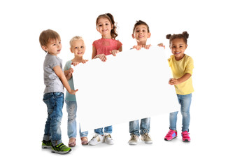 Cute little children with poster on white background