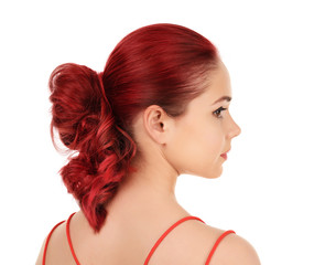 Naklejka premium Beautiful young woman with dyed hair on white background