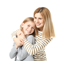 Happy mother and daughter on white background