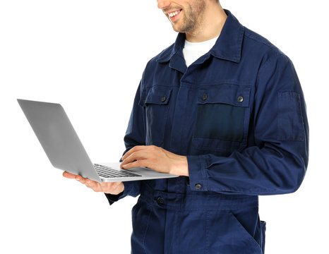 Auto Mechanic With Laptop On White Background