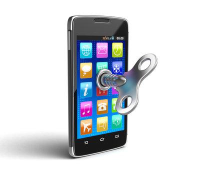 Touchscreen smartphone with winding key. Image with clipping path.