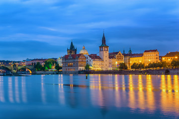 Prague city skyline and Charles Bridge at night, Prague, Czech Republic