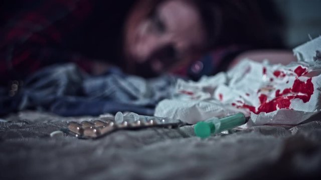 4k Homeless Drugged Woman Shaking with Overdose