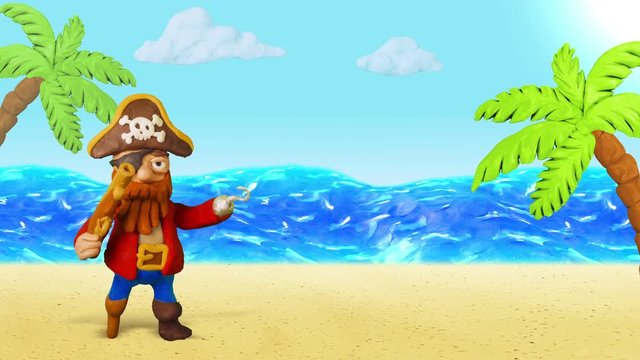 Funny Cartoon Pirate speak and Treasure chest. Summer Beach. Clay animation. 4K