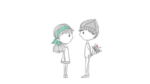 Cute animation cartoon lover couple with boy and girl in stylish doodle design. Teenage boyfriend is giving flower bouquet to his girlfriend and kiss her forehead with love in happy valentine concept