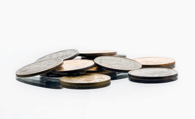 A handful of 10-kopeek Russian coins on white