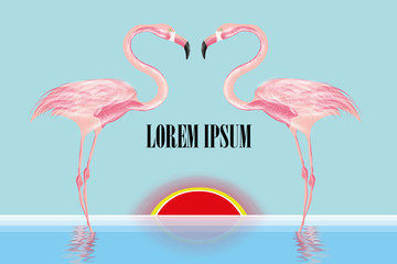 vector illustration with beautiful flamingos in the water and a sunset background 