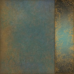 elegant vintage background layout with marbled teal blue green color with gold patina flecks and fancy sidebar panel on border with blank copyspace