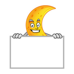 moon mascot with blank sign, moon character, moon cartoon vector, Crescent Moon
