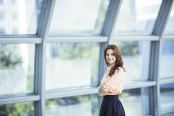 portrait of successful business woman near a large window in a modern office