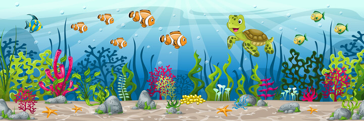 Fototapeta na wymiar Illustration of an underwater landscape with animals and plants