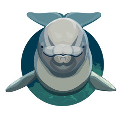 Simply rendered Beluga whale face straight on with it's tale raised up behind it & it's front fins extend on in a circular logo