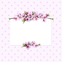 Fototapeta premium Pink peach twigs line arrangements and a card