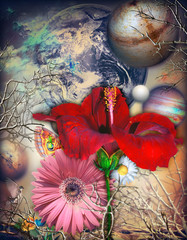 Paysage de contes de fées avec coucher de soleil magique et fleur d& 39 hibiscus
