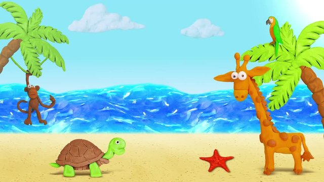 Ocean, Beach Sand. Plasticine Giraffe, Monkey, Turtle, Starfish. Background for summer design. Clay animation. 4K