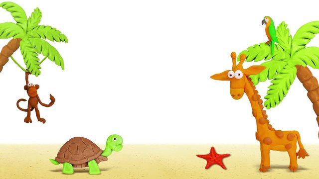 Beach Sand with Animals. Plasticine Giraffe, Monkey, Turtle, Starfish. Background for summer design. Clay animation. 4K
