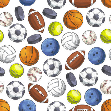Sport seamless pattern with sketch game balls