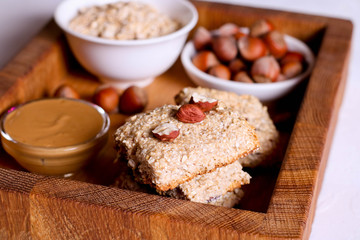 oat bars granola with hazelnuts and peanut butter, healthy snack