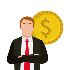 money coin and business man cartoon icon over white background. colorful design. vector illustration