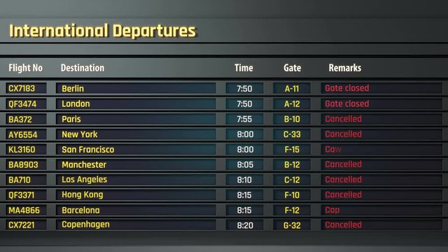Terrorism threat at airport, all flights canceled on departure board, accident. Airport timetable and information display