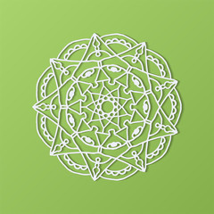 Stencil template of mandala laser paper cut in Arabic pattern for Ramadan Kareem festival.Lace die cut vector illustration for wedding invitation and greeting card in vintage style on green background