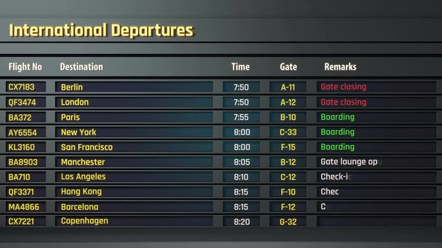 Airport flight information displayed on departure board, flight status changing. Airport timetable and information display