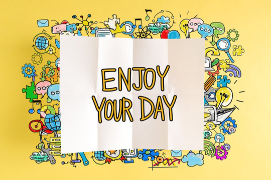 Emjoy Your Day text with colorful illustrations