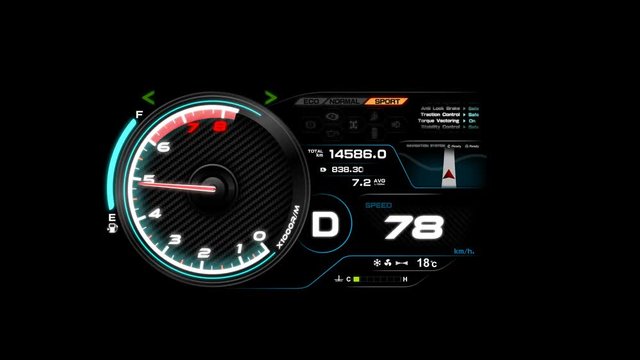4K Animation of car dashboard speed rpm meter and automobile icon