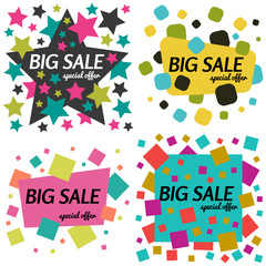 Set of big sale special offer square banners on white background.  Vector background with colorful design elements. Vector illustration.
