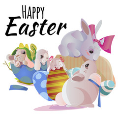 Set of easter chocolate egg hunt bunny basket on green grass decorated flowers, rabbit funny ears, happy spring season holiday tradition greeting card banner collection vector illustration background