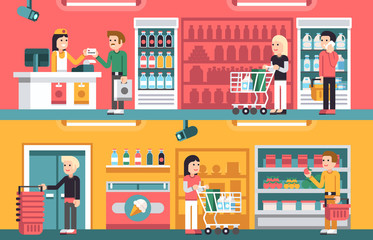 Shopping people and counter in super market interior, retail vector concepts set