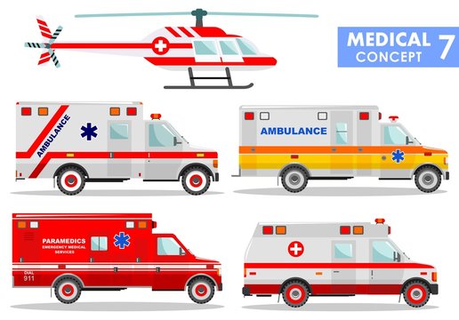 Medical concept. Detailed illustration of ambulance cars and helicopter in flat style on white background. Vector illustration.