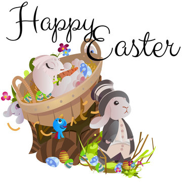 Set of easter chocolate egg hunt bunny basket on green grass decorated flowers, rabbit funny ears, happy spring season holiday tradition greeting card banner collection vector illustration background